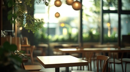 Poster - Blurred cafe interior with tables, chairs, plants, and light fixtures.