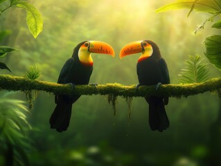 Aufkleber - Two toucans face each other on a branch, sunlit jungle backdrop.