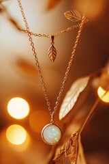 Aufkleber - Elegant opal and leaf pendant necklaces layered on a gold chain, autumnal background.