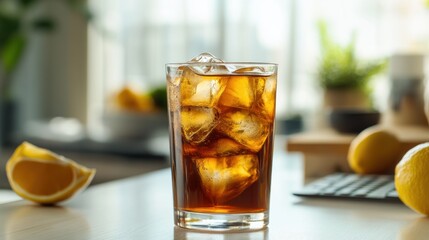 Poster - Iced tea in a glass, lemons, blurred background.