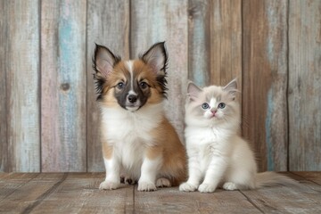 Wall Mural - Adorable puppy and kitten sitting together against rustic wooden background.