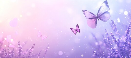 Poster - Butterflies flying over lavender fields with glowing light particles.