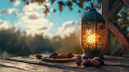 Poster - Golden lantern, dates on table, outdoors.