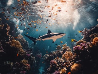 Poster - Shark swims in coral reef, light rays filter from sun.