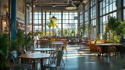 Aufkleber - Empty restaurant with tables and plants.