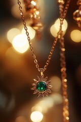 Poster - Gold chain necklace with emerald pendant on bokeh lights.