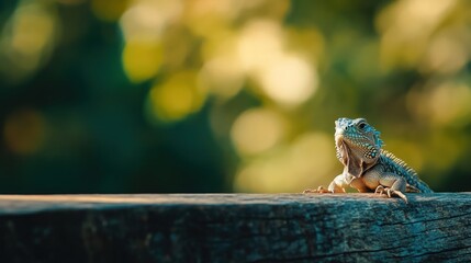 Aufkleber - Lizard perched on wood fence, green bokeh background.