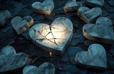 Poster - Cracked marble heart glows among many stone hearts.