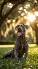 Aufkleber - Grey dog sits on grass under trees with golden hour sunlight.