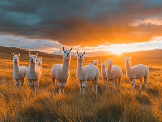 Aufkleber - Herd of alpacas in sunset.