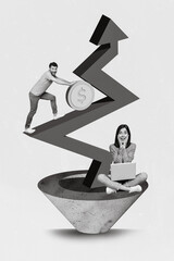 Poster - Vertical collage image of two excited little black white effect people use netbook big growing upwards arrow money coin profit