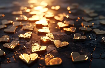 Poster - Golden heart shapes on cracked dark surface with bokeh sun.