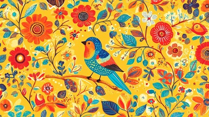 Poster - Colorful Bird Among Vibrant Flowers and Leaves on Bright Yellow Background