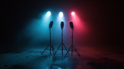 Poster - Dramatic Stage Lighting Setup with Colorful Lights and Smoke Effects in Dark Room