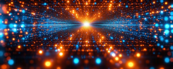 Leinwandbilder - abstract digital background, glowing dots, technology concept, blue and orange lights, depth perspective, futuristic design, data visualization, vibrant colors