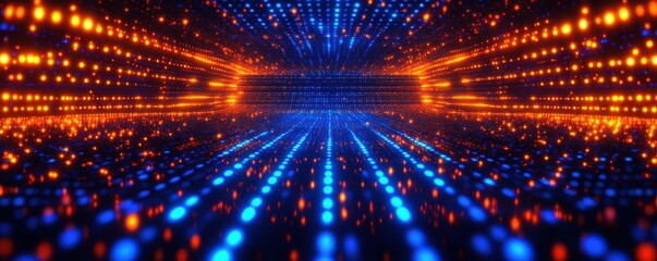 Poster - abstract digital background, glowing dots, technology concept, blue and orange lights, depth perspective, futuristic design, data visualization, vibrant