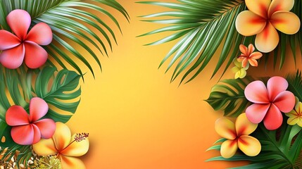 Poster - Vibrant Tropical Flowers and Lush Green Leaves on Colorful Background
