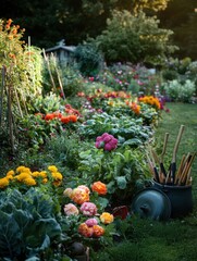 Poster - Vibrant garden filled with colorful flowers and thriving vegetables during a sunny afternoon. Generative AI