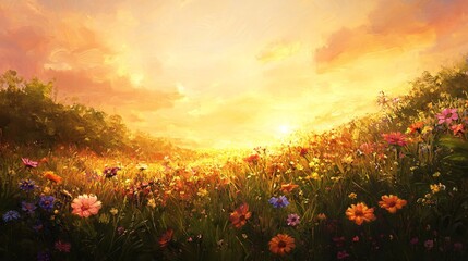 Aufkleber - Vibrant Flower Field at Sunset with Warm Sky and Glowing Horizon