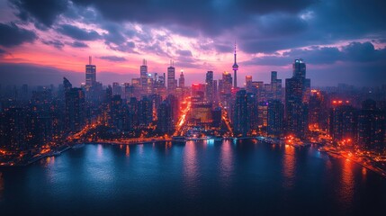 Wall Mural - City skyline at sunset, illuminated buildings, waterfront.