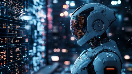Poster - A sleek robotic figure analyzes vibrant data displays in a high-tech trading facility, reflecting the complexity of financial markets in a bright, digital landscape