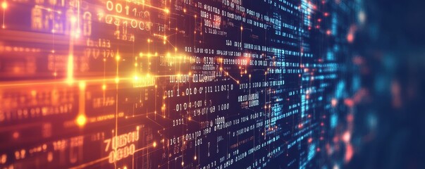Leinwandbilder - Abstract digital data background with interconnected binary code patterns, futuristic network structure, and glowing technology elements representing information flow and data analytics