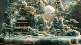 Intricate jade carving depicting a miniature landscape with pagodas, mountains, trees, and water.