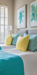 Wall Mural - Elegant Twin Beds with Turquoise and Yellow Bedcovers in Guest Bedroom