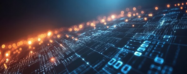 Leinwandbilder - Abstract digital data background with interconnected binary code patterns, futuristic network structure, and glowing technology elements representing information flow and data analytics