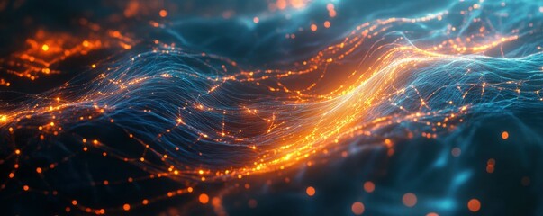 Leinwandbilder - Abstract digital network background with glowing connections and data streams in vibrant blue and orange colors, showcasing technological innovation and data flow concepts in D