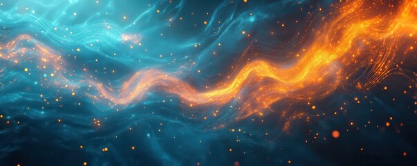 Leinwandbilder - Abstract digital network background with glowing connections and data streams in vibrant blue and orange colors, showcasing technological innovation and data flow concepts in D