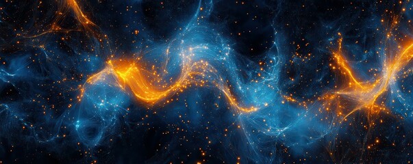 Leinwandbilder - Abstract digital network background with glowing connections and data streams in vibrant blue and orange colors, showcasing technological innovation and data flow concepts in D