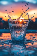 Wall Mural - A splash of water in a glass with the sun setting in the background. The water is reflecting the sun and creating a beautiful scene