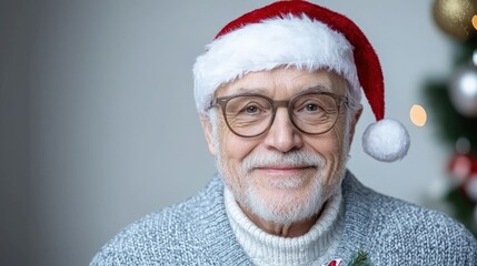 Smiling senior man in Santa hat.