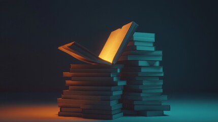 Poster - An open book emits a warm glow, surrounded by stacks of books in a dimly lit room, creating a mysterious and enchanting atmosphere.