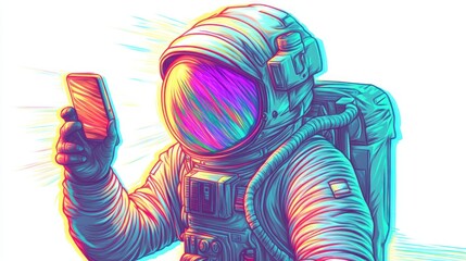 Wall Mural - astronaut using smartphone in vibrant, colorful, artistic illustration.