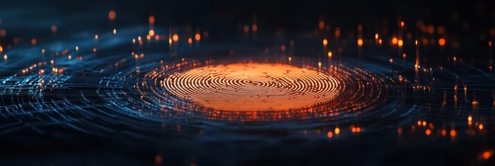Fototapete - Digital fingerprint graphic with glowing circular pattern and vibrant background details in abstract design. Generative AI