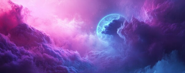 Wall Mural - neon circle, glowing fog, atmospheric background, purple and blue colors, dreamlike scenery, mystica