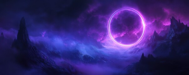 Wall Mural - neon circle, glowing fog, atmospheric background, purple and blue colors, dreamlike scenery, mystica