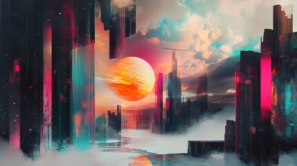 Poster - A vibrant futuristic cityscape featuring a surreal sunset, neon colors, and towering skyscrapers reflected on water with a misty atmosphere.