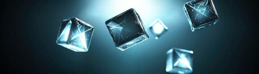 Poster - Shimmering ice cubes float in a dark, illuminated space, creating a mesmerizing visual effect with reflections and light, Futuristic AI visualization concept image