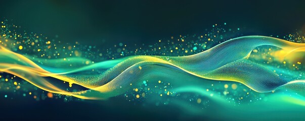 Poster - abstract green waves, flowing digital lines, glowing particles in motion, soft bokeh effect, serene illumination, calming nature imagery