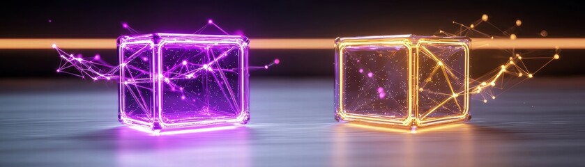 Wall Mural - Two glowing cubes, one purple and one yellow, emit sparks and light in a dark setting, creating a vibrant and dynamic visual effect, Futuristic workspace with developer monitor