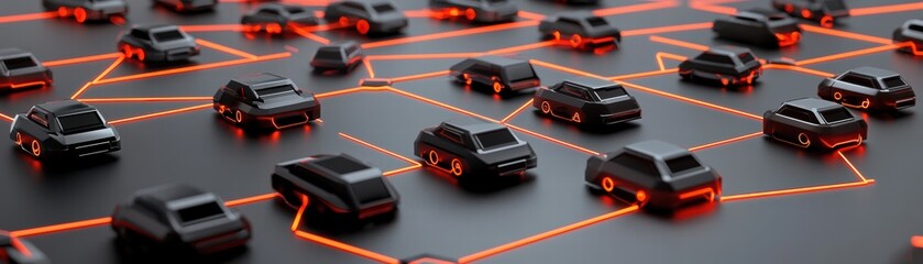 Poster - a digital representation of cars on a networked road system, highlighted with glowing lines, symboli