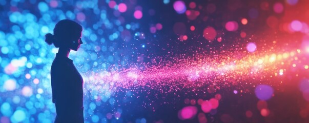 Wall Mural - digital human silhouette, glowing particles, abstract background, technology concept, neon colors, f
