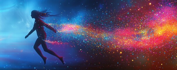 Wall Mural - digital human silhouette, glowing particles, abstract background, technology concept, neon colors, f