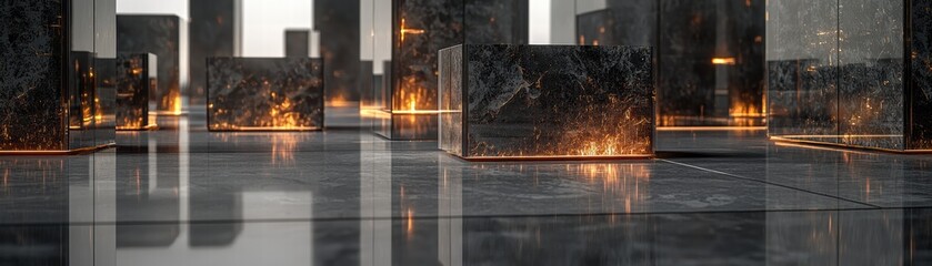 Poster - a modern outdoor space featuring reflective surfaces and illuminated structures amidst a serene atmo