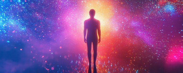 Wall Mural - digital human silhouette, glowing particles, abstract background, technology concept, neon colors, f