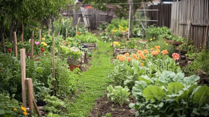 Poster - Vibrant flowers and fresh vegetables thriving in a backyard garden during sunny spring afternoons. Generative AI