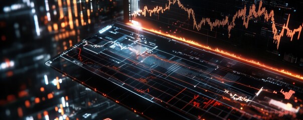 Poster - Digital stock market trading with rising graph analytics, illuminated financial data and market trends visualization